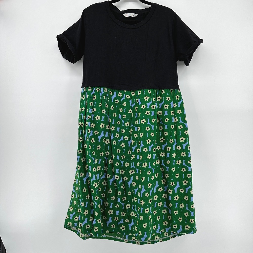 Compania Fantastica Black Green Floral Mixed Media Cotton T-Shirt Dress Small